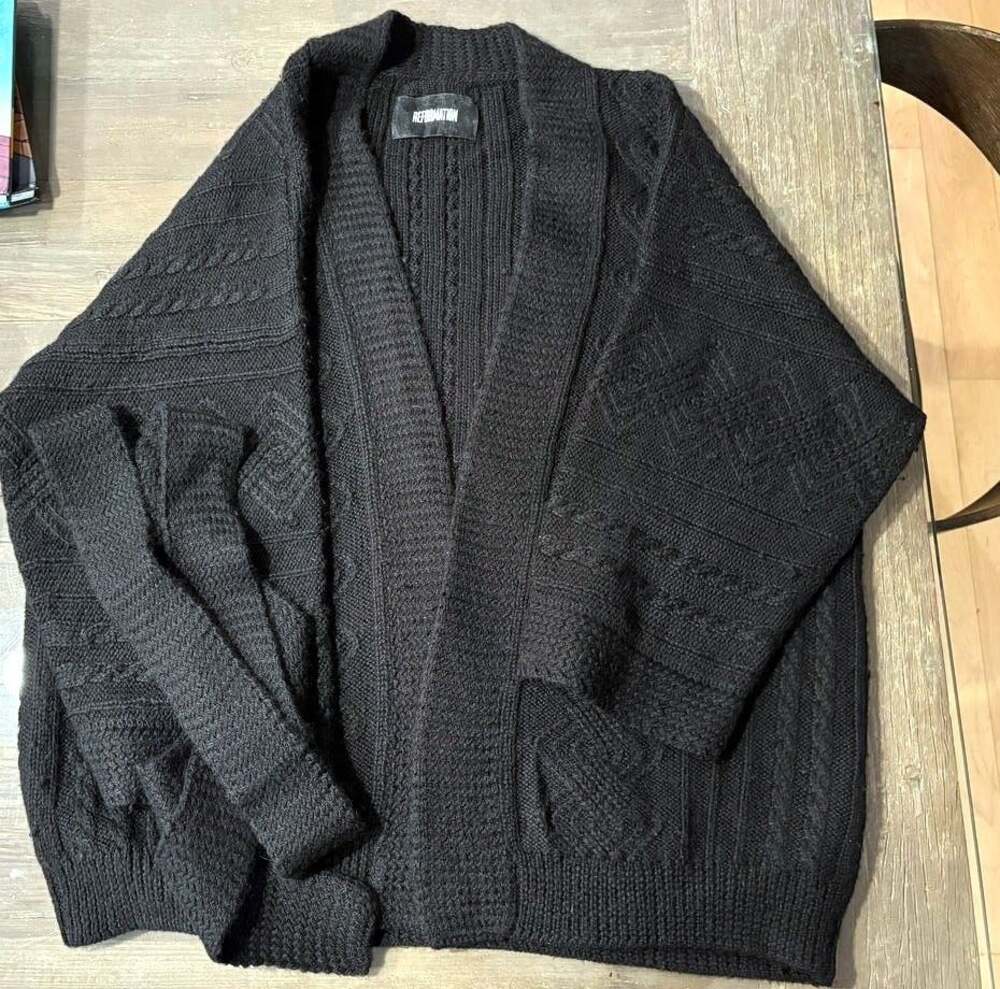 Reformation 100% Alpaca Kimono Cardigan Black Chunky Knit Belted Wrap Pockets M